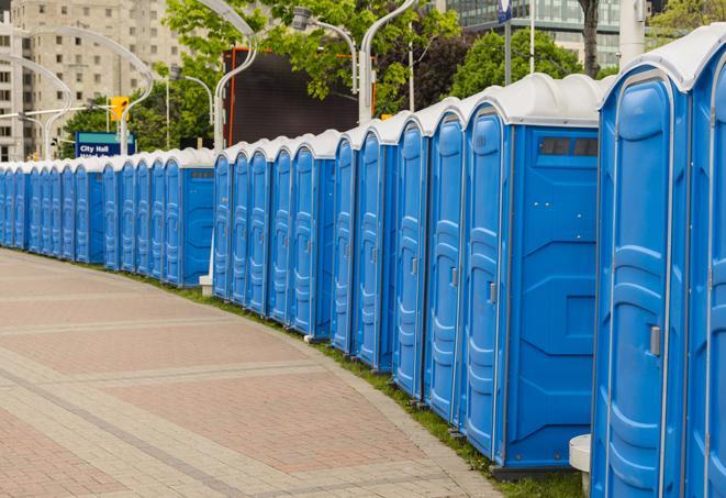 multiple portable restrooms in a neat and tidy row in Belvedere, CA